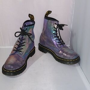Dr. Martens Rainbow Foil Iridescent Metallic Pebbled Ankle Lace up Combat Boots